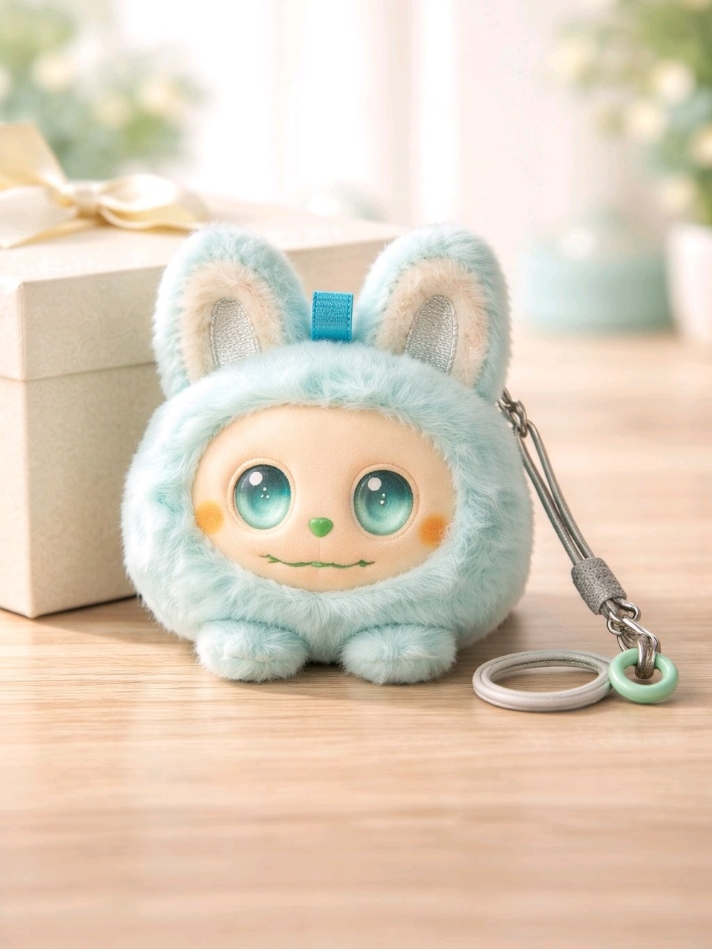 Plush Bunny Generic Labu Wristlit in Light Blue - Cute Round Fur Charm
